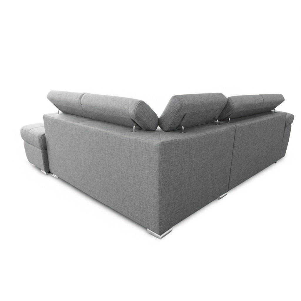 Divano letto Fiona angolare con penisola destra e pouf contenitore in tessuto Aragon 83 grigio