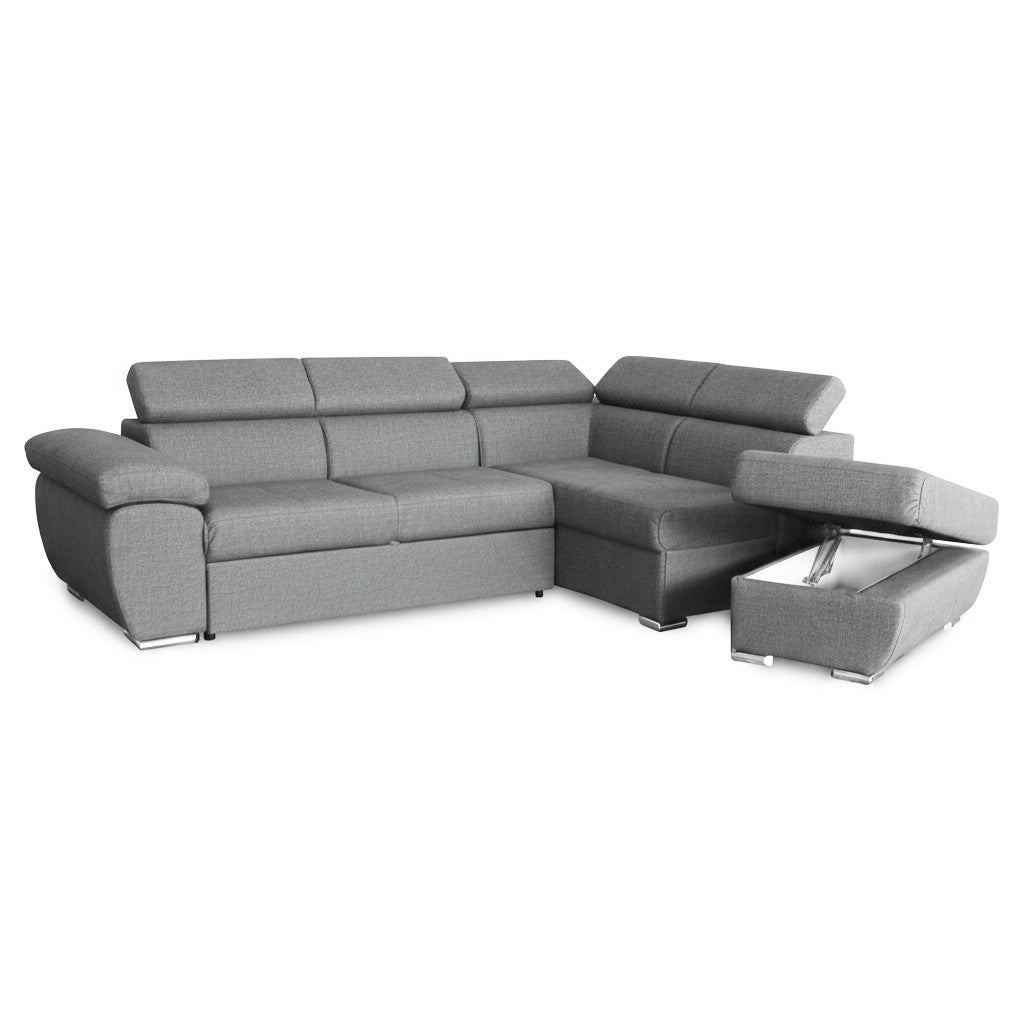 Divano letto Fiona angolare con penisola destra e pouf contenitore in tessuto Aragon 83 grigio