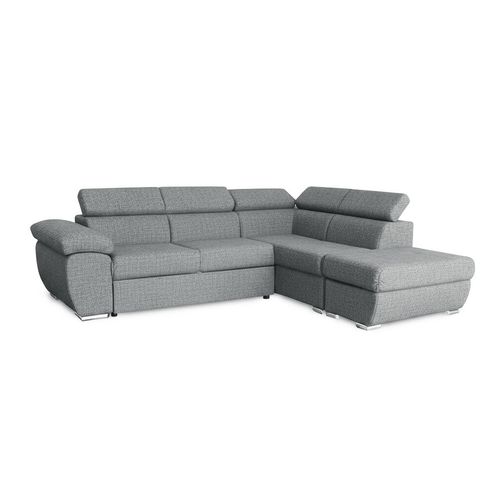 Divano letto Fiona angolare con penisola destra e pouf contenitore in tessuto Aragon 83 grigio