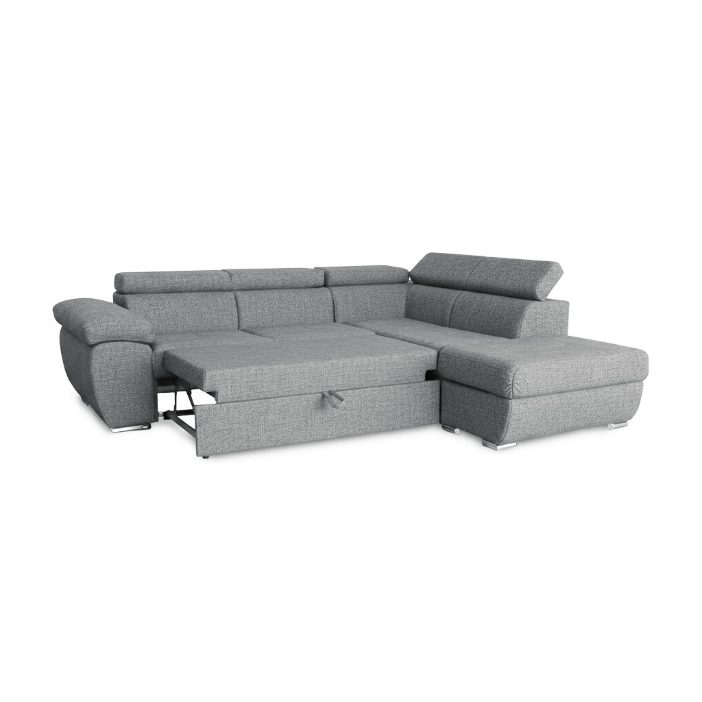 Divano letto Fiona angolare con penisola destra e pouf contenitore in tessuto Aragon 83 grigio