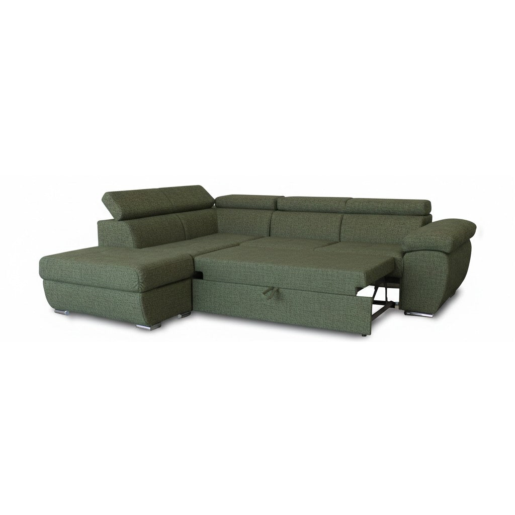 Divano letto Fiona angolare con penisola sinistra e pouf contenitore in tessuto Aragon 39 verde oliva