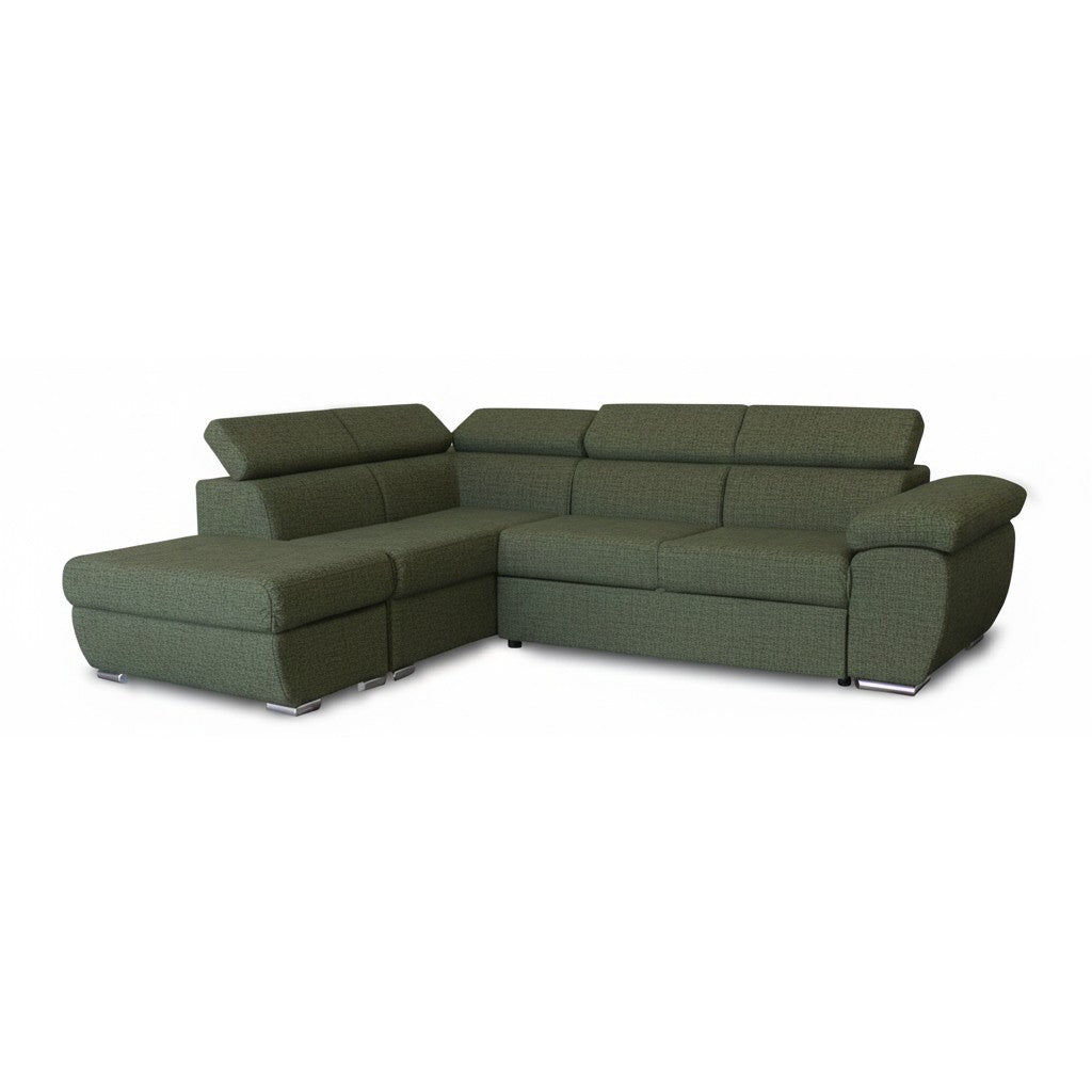 Divano letto Fiona angolare con penisola sinistra e pouf contenitore in tessuto Aragon 39 verde oliva