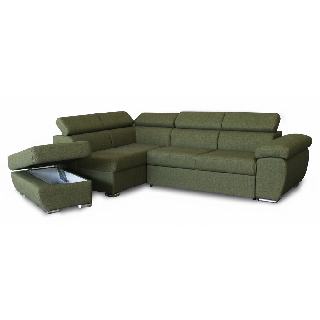 Divano letto Fiona angolare con penisola sinistra e pouf contenitore in tessuto Aragon 39 verde oliva