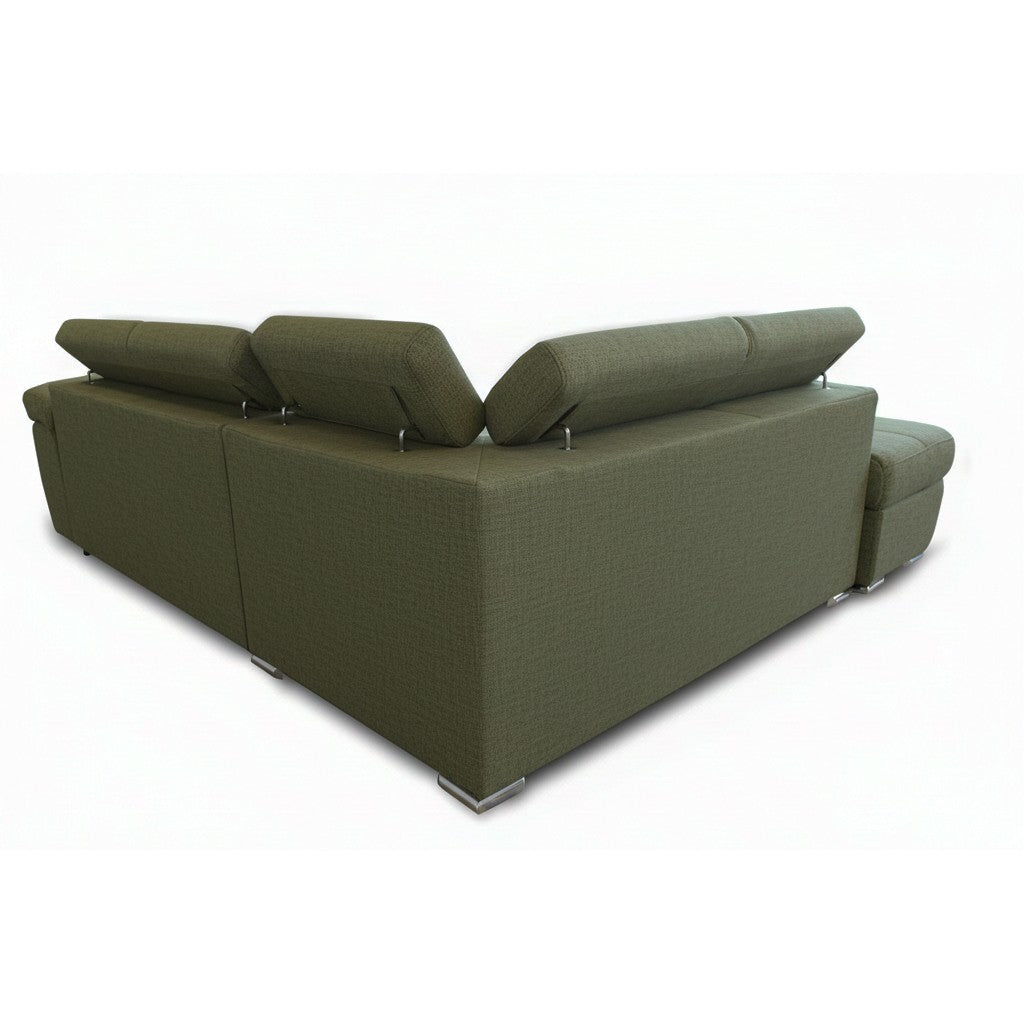 Divano letto Fiona angolare con penisola sinistra e pouf contenitore in tessuto Aragon 39 verde oliva