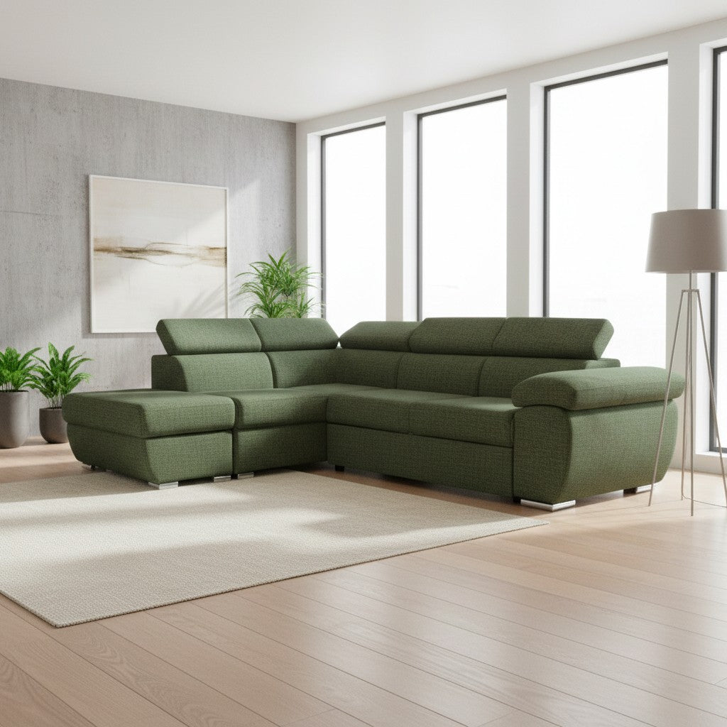 Divano letto Fiona angolare con penisola sinistra e pouf contenitore in tessuto Aragon 39 verde oliva