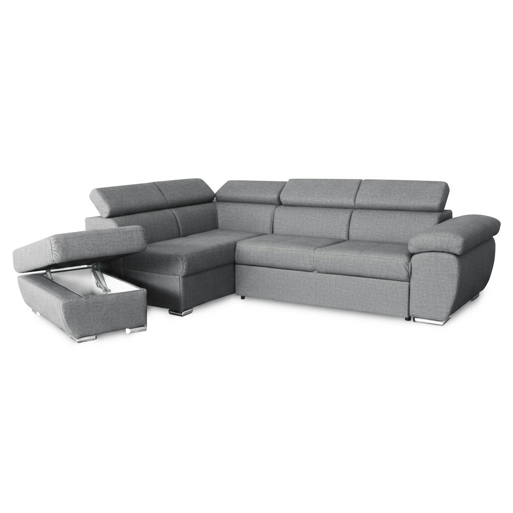 Divano letto Fiona angolare con penisola sinistra e pouf contenitore in tessuto Aragon 83 grigio