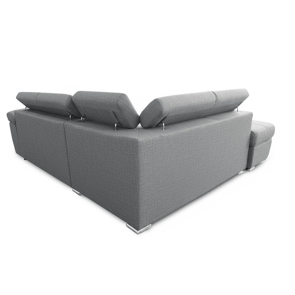 Divano letto Fiona angolare con penisola sinistra e pouf contenitore in tessuto Aragon 83 grigio