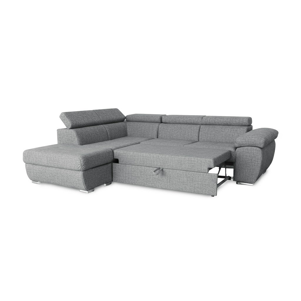 Divano letto Fiona angolare con penisola sinistra e pouf contenitore in tessuto Aragon 83 grigio