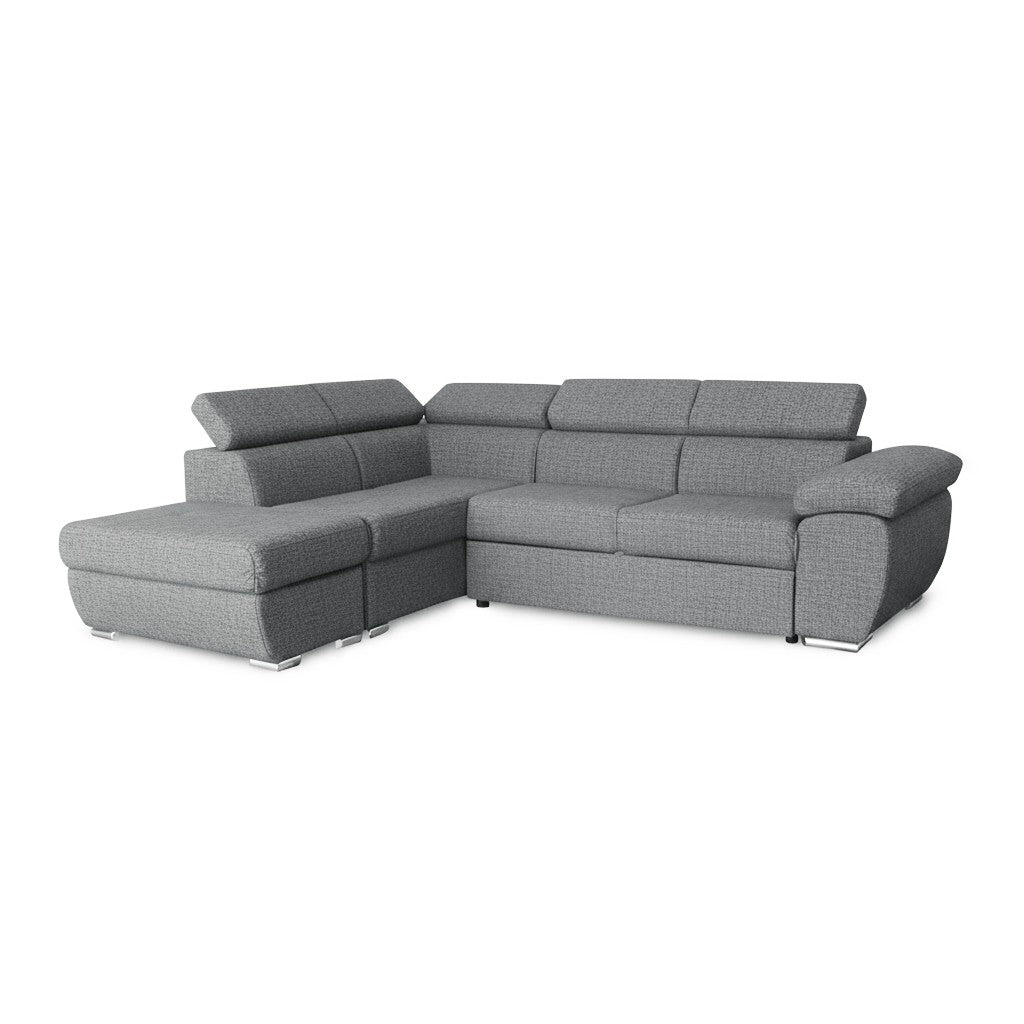 Divano letto Fiona angolare con penisola sinistra e pouf contenitore in tessuto Aragon 83 grigio