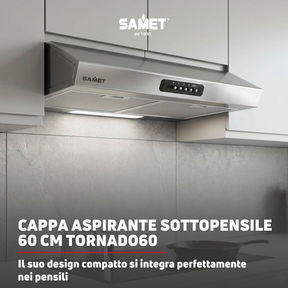 Gruppo cappa Samet sottopensile luce led potenza aspirante 280 m3/h 3 livelli Tornado 60 inox