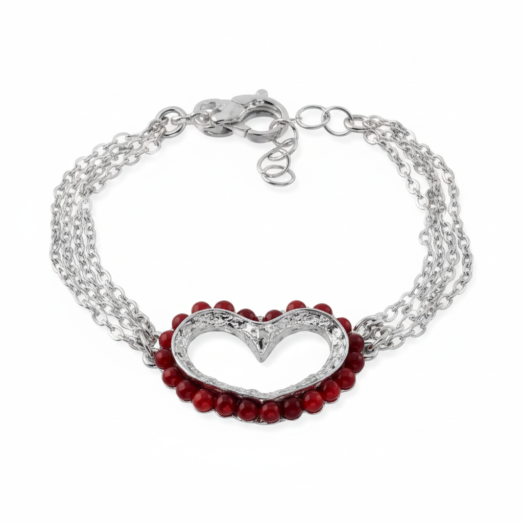 Bracciale multi-giro con cuore grande e perline in pietra rossa