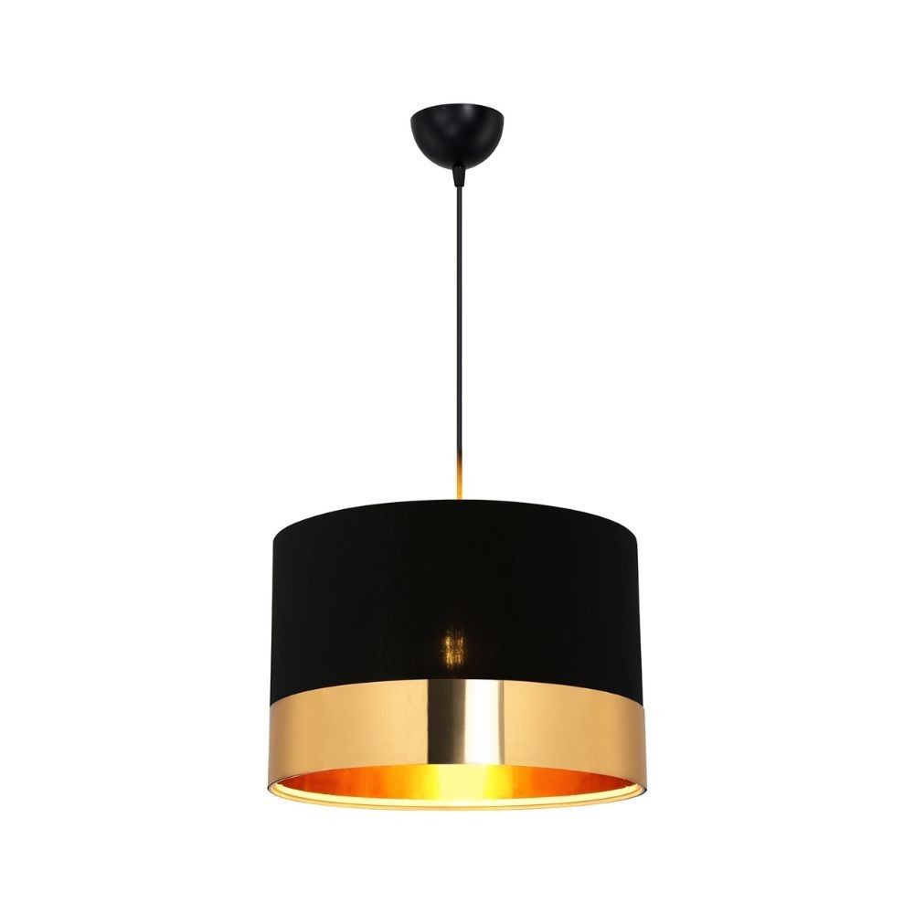 Lampada a sospensione Alfina con paralume in PVC effetto tessuto nero fascia oro ASZ1665