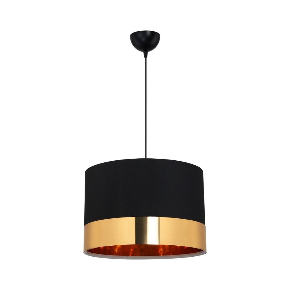 Lampada a sospensione Alfina con paralume in PVC effetto tessuto nero fascia oro ASZ1665