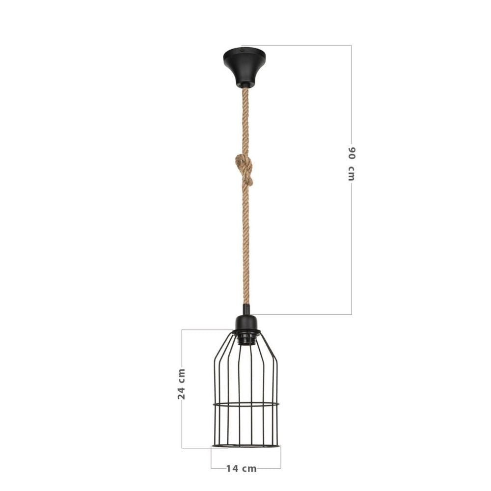 Lampada a sospensione Halat ASZ0549 in metallo nero e corda