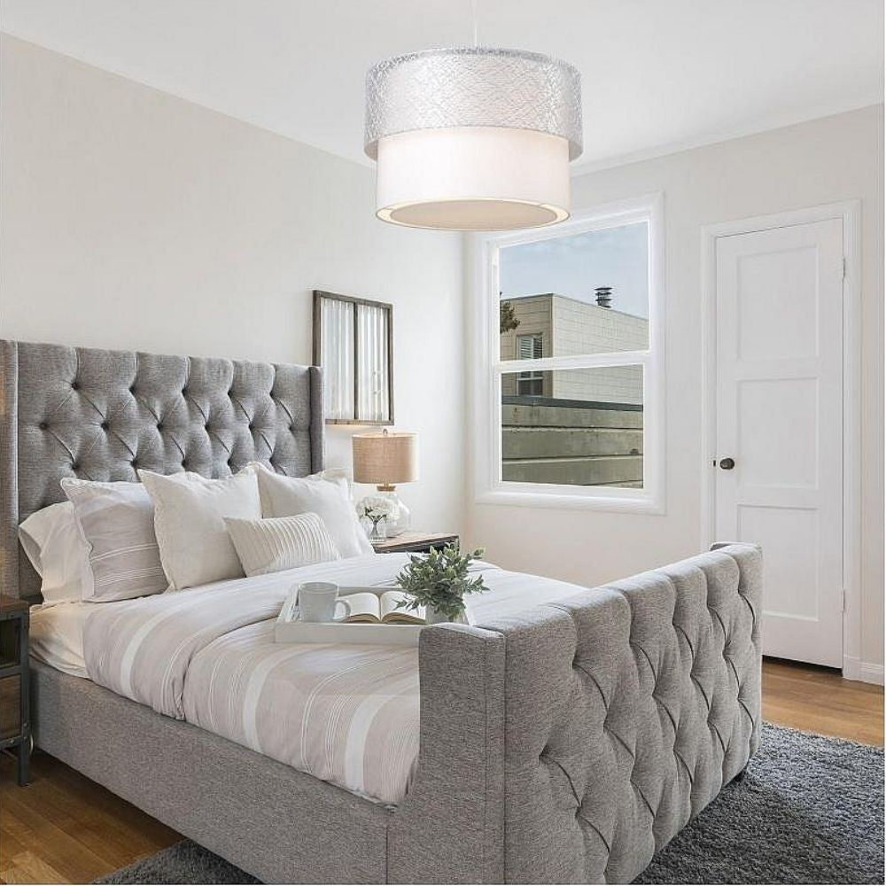 Lampada a sospensione Polo MDL2355 con paralume in PVC effetto tessuto grigio