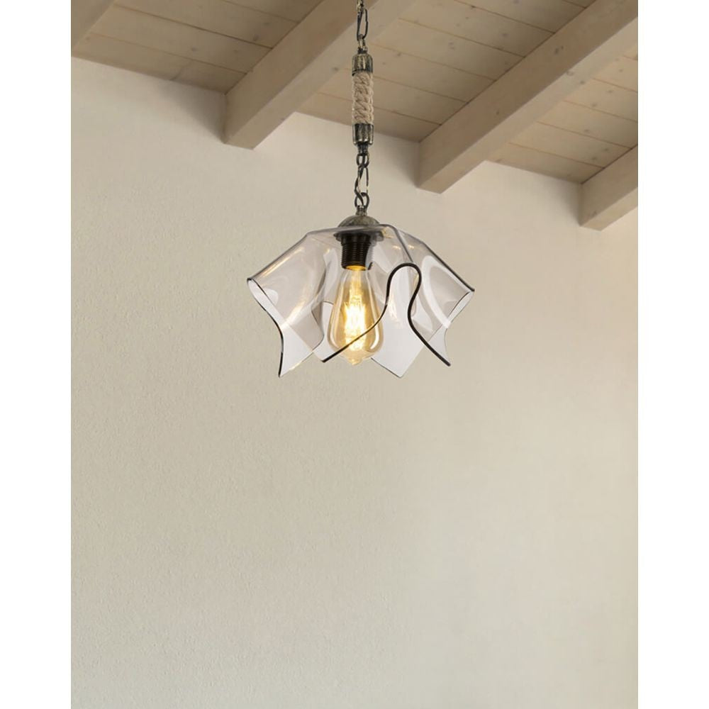 Lampada a sospensione Volga MDL3781 oro antichizzato e vetro fumè
