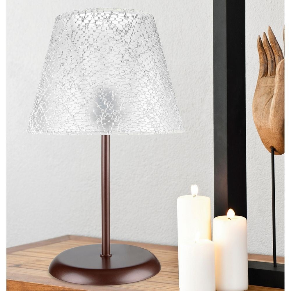 Lampada da tavolo Elva MNG3065 in metallo e paralume in PVC effetto tessuto ricamo