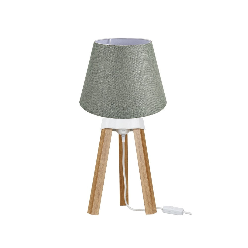 Lampada da tavolo PIKORO2638 con paralume in PVC effetto tessuto verde e base rovere