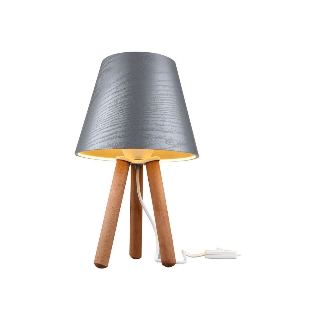 Lampada da tavolo Pino ASZ1453 treppiede legno e paralume in PVC effetto tessuto grigio