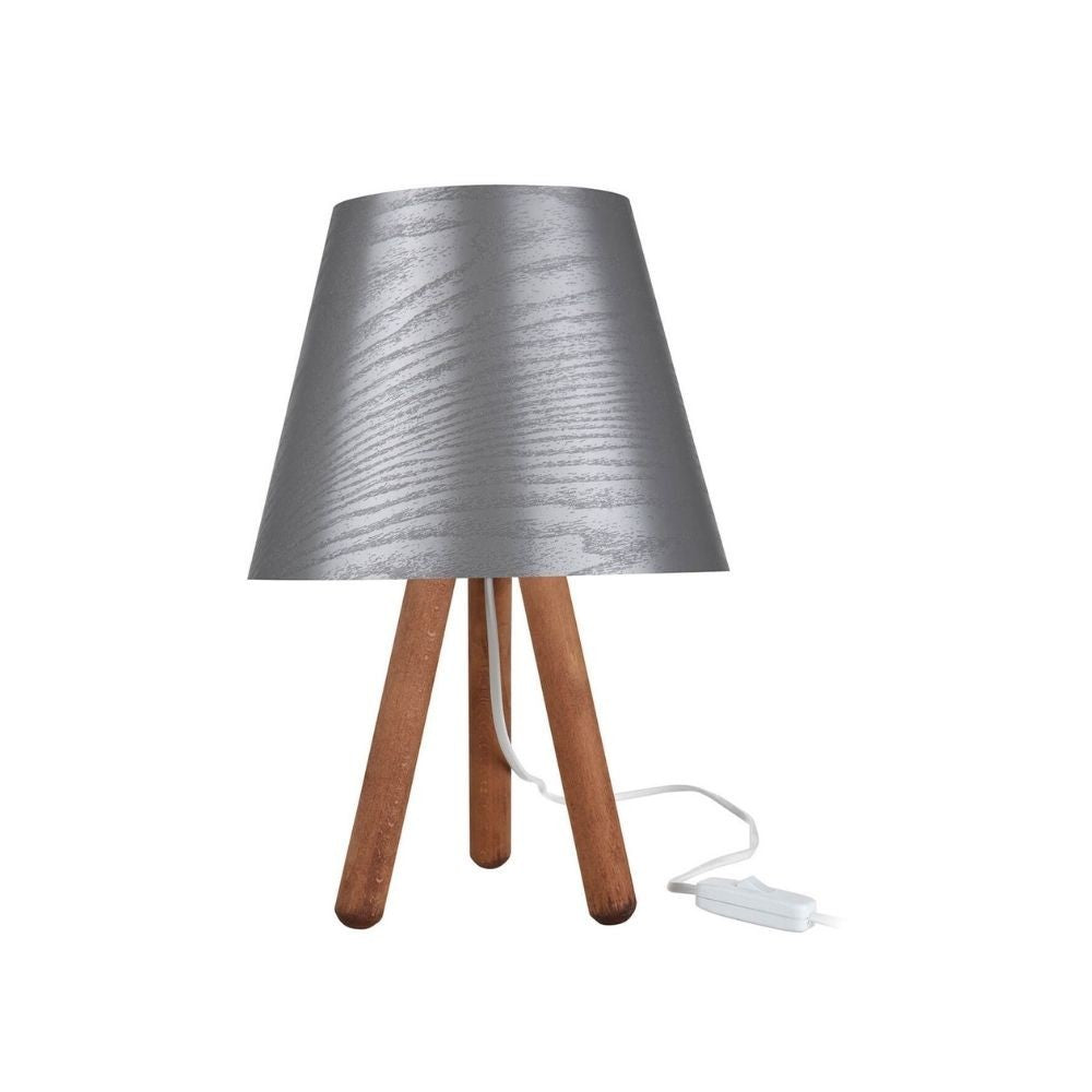 Lampada da tavolo Pino ASZ1453 treppiede legno e paralume in PVC effetto tessuto grigio