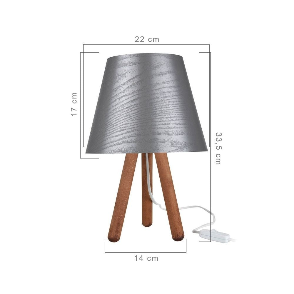 Lampada da tavolo Pino ASZ1453 treppiede legno e paralume in PVC effetto tessuto grigio