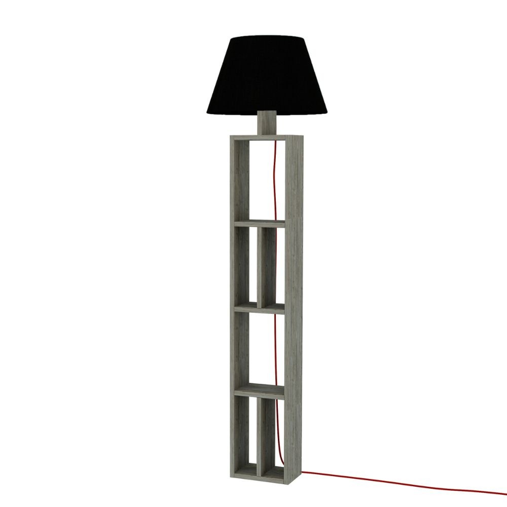Lampada da terra Giorno in legno con libreria e paralume nero