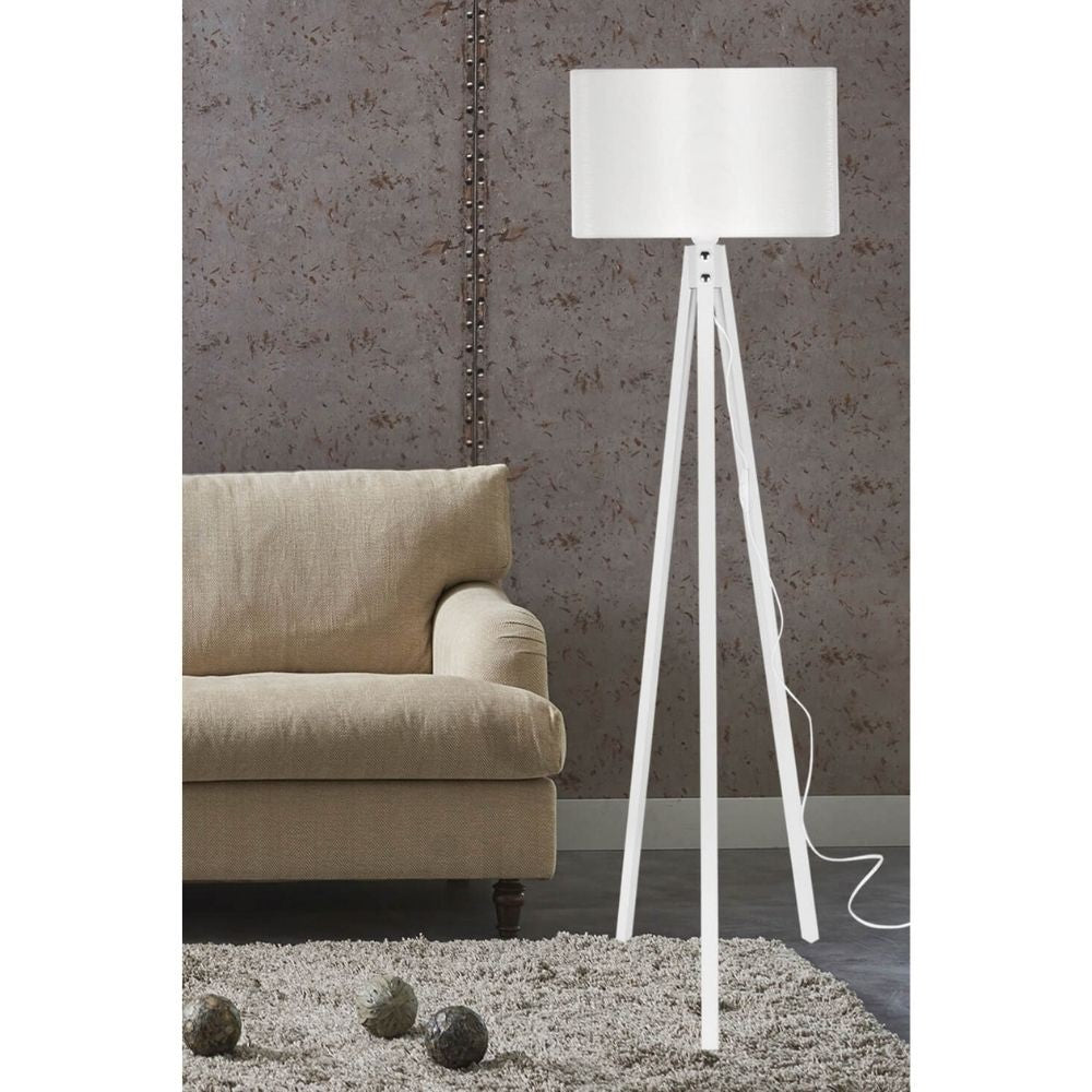 Lampada da terra Rodi ASZ1233 treppiede legno e paralume in PVC effetto tessuto bianco