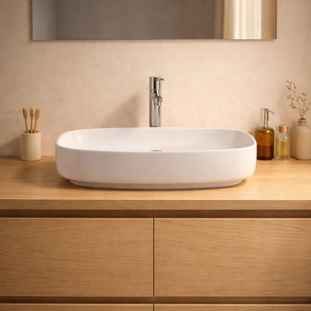 Lavabo da appoggio LAV43560 in ceramica 60x38x14 cm bianco lucido