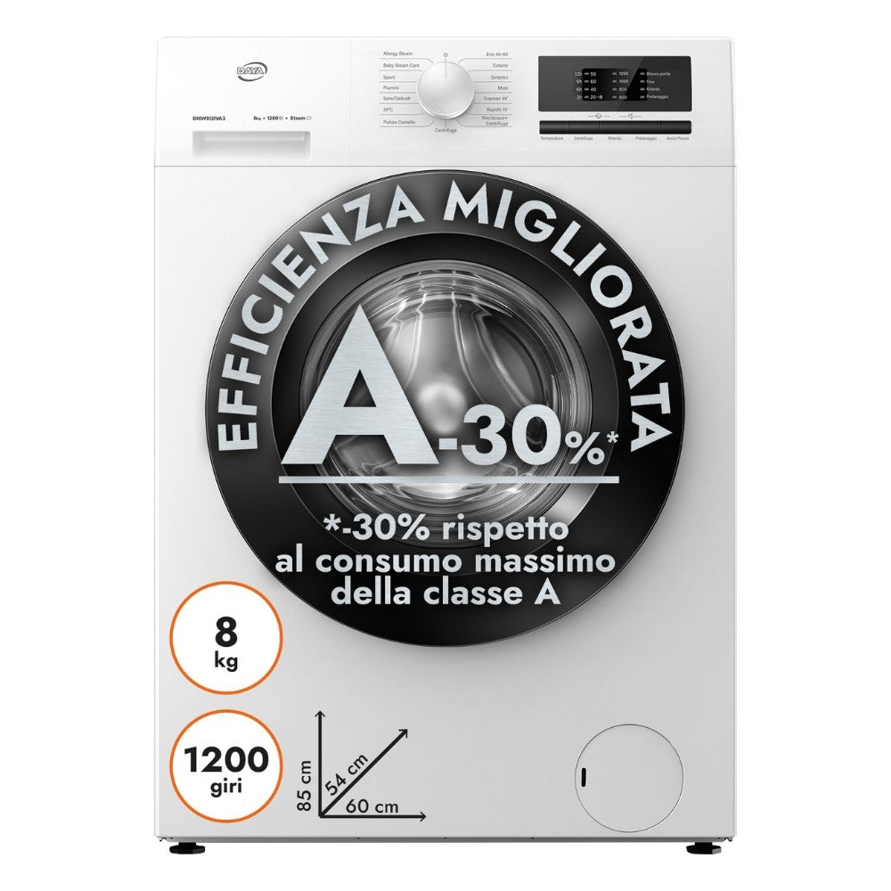 Lavatrice Daya DHW812IVA3 carica frontale 8 kg. Inverter 12000 giri bianco classe A