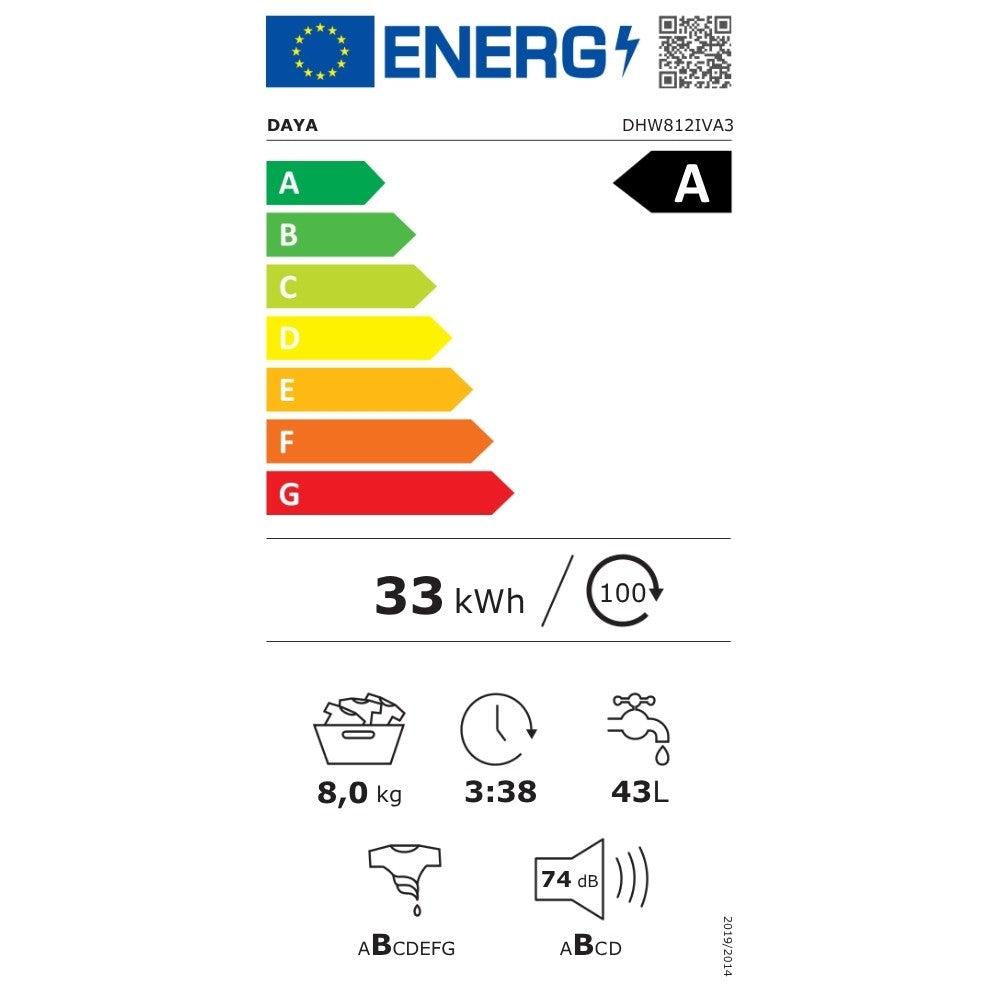 Lavatrice Daya DHW812IVA3 carica frontale 8 kg. Inverter 12000 giri bianco classe A