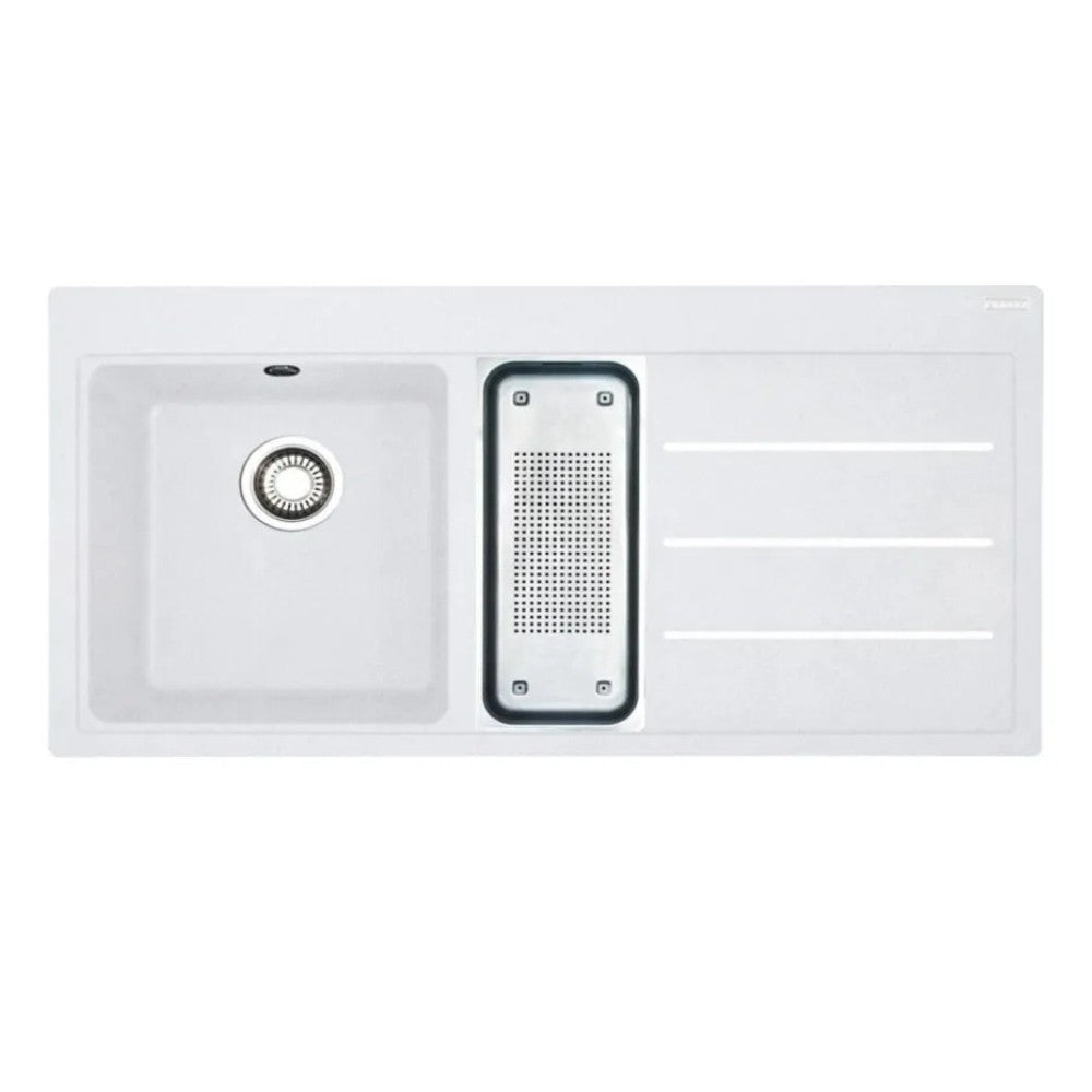 Lavello 1 vasca e mezza Franke TFF 651 Mythos Fusion da incasso 100x50.5 cm. con gocciolatoio destro bianco