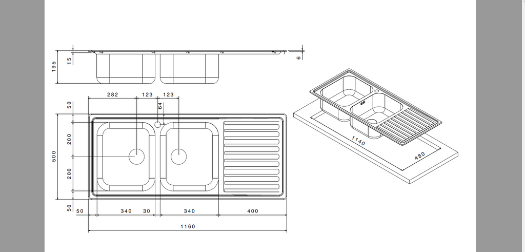Lavello SAXT333A 2 vasche 116x50 cm gocciolatoio destro
