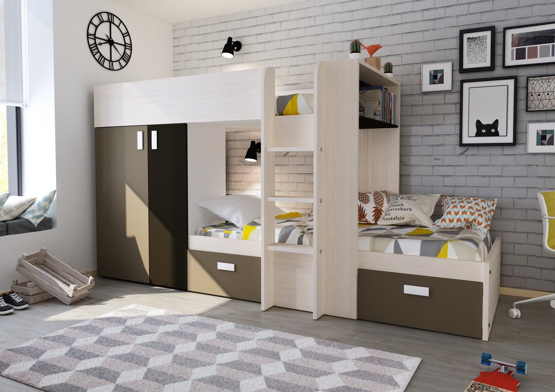 Letto a castello 1371 bianco vintage, beige e marrone con armadio e cassetti reversibili