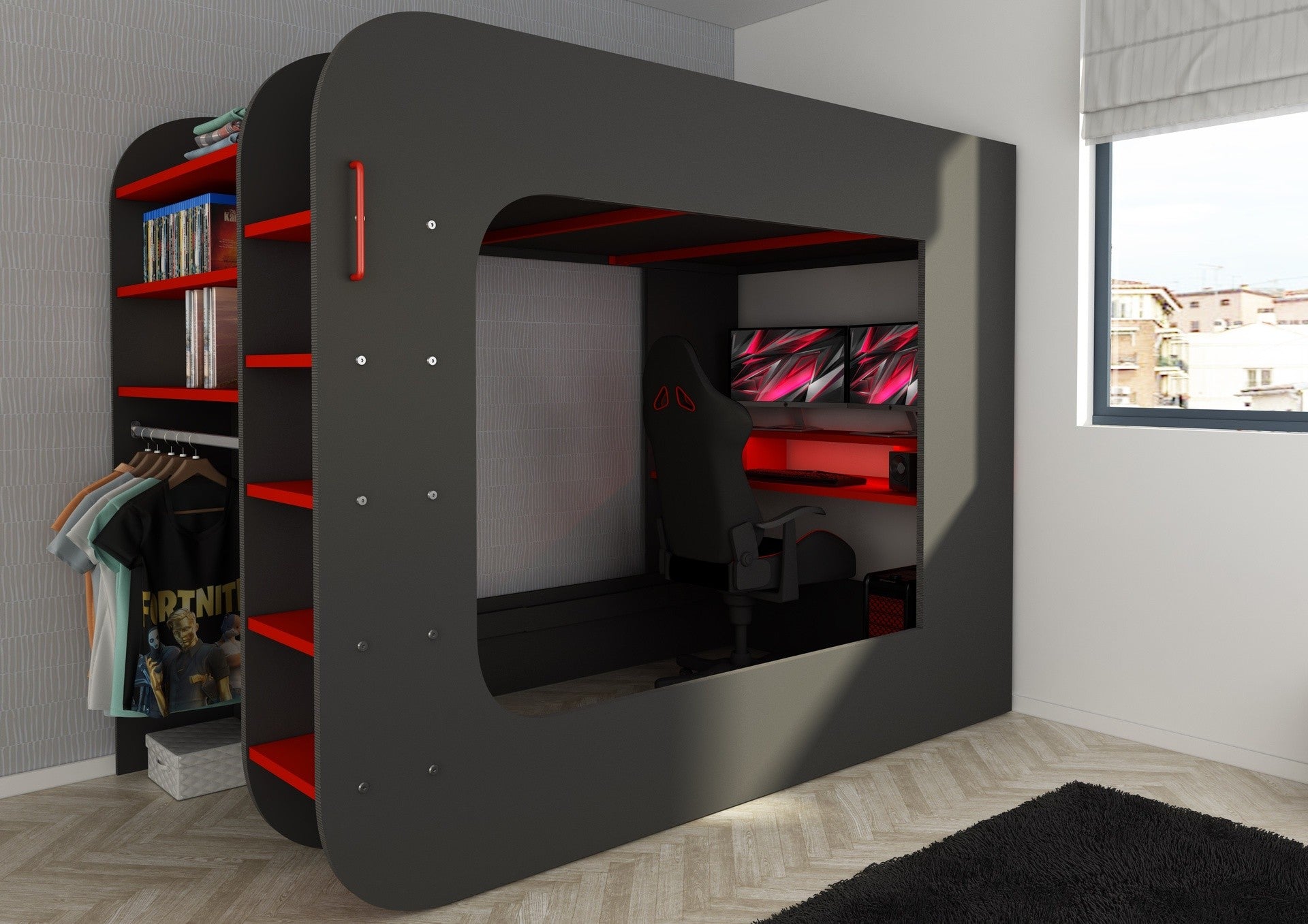 Letto a soppalco 5000 con postazione gamer reversibile antracite rosso
