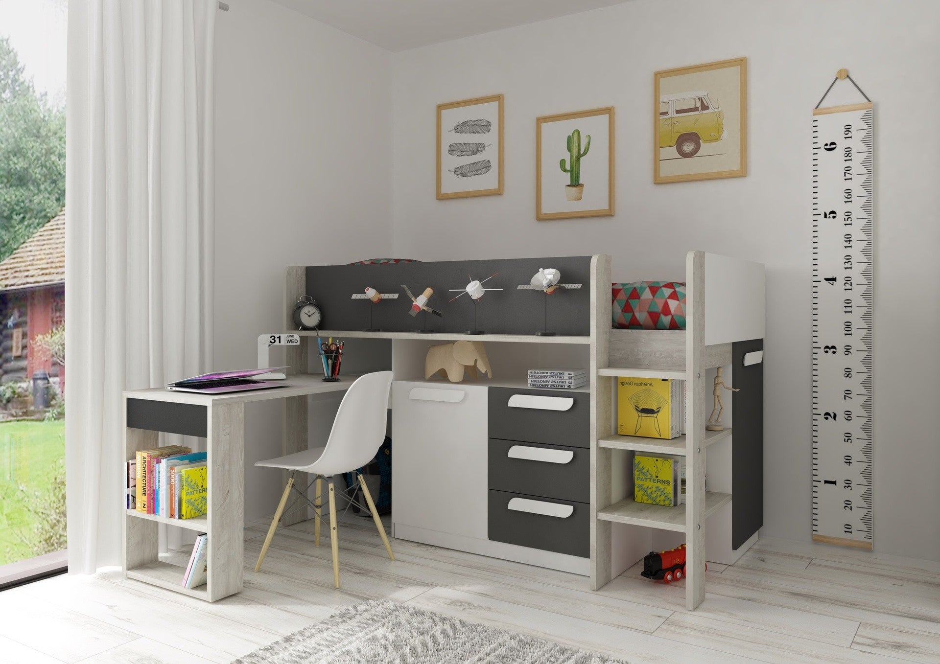 Letto a soppalco 6020 bianco antracite con scrivania estraibile reversibile