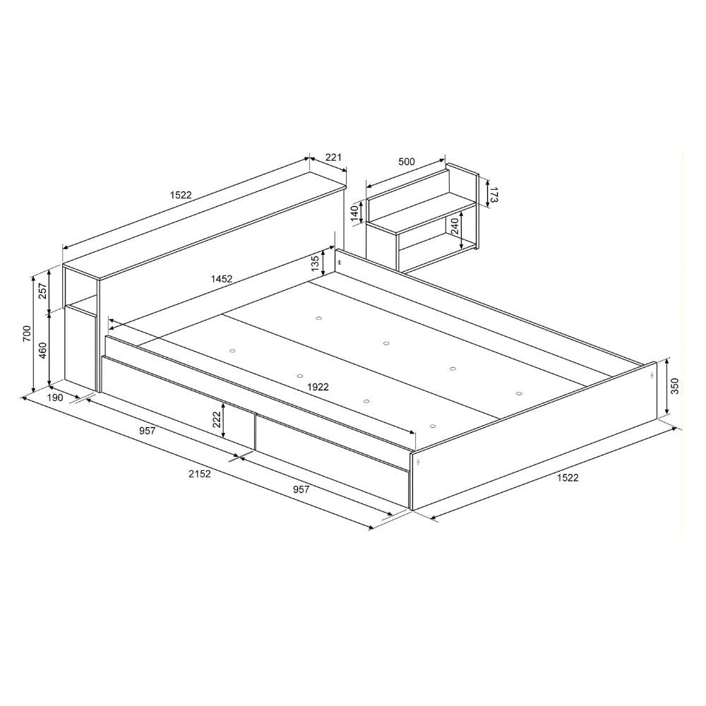 Letto contenitore 1566 alla francese con 4 cassettoni e comodini estraibili colore bianco e cemento