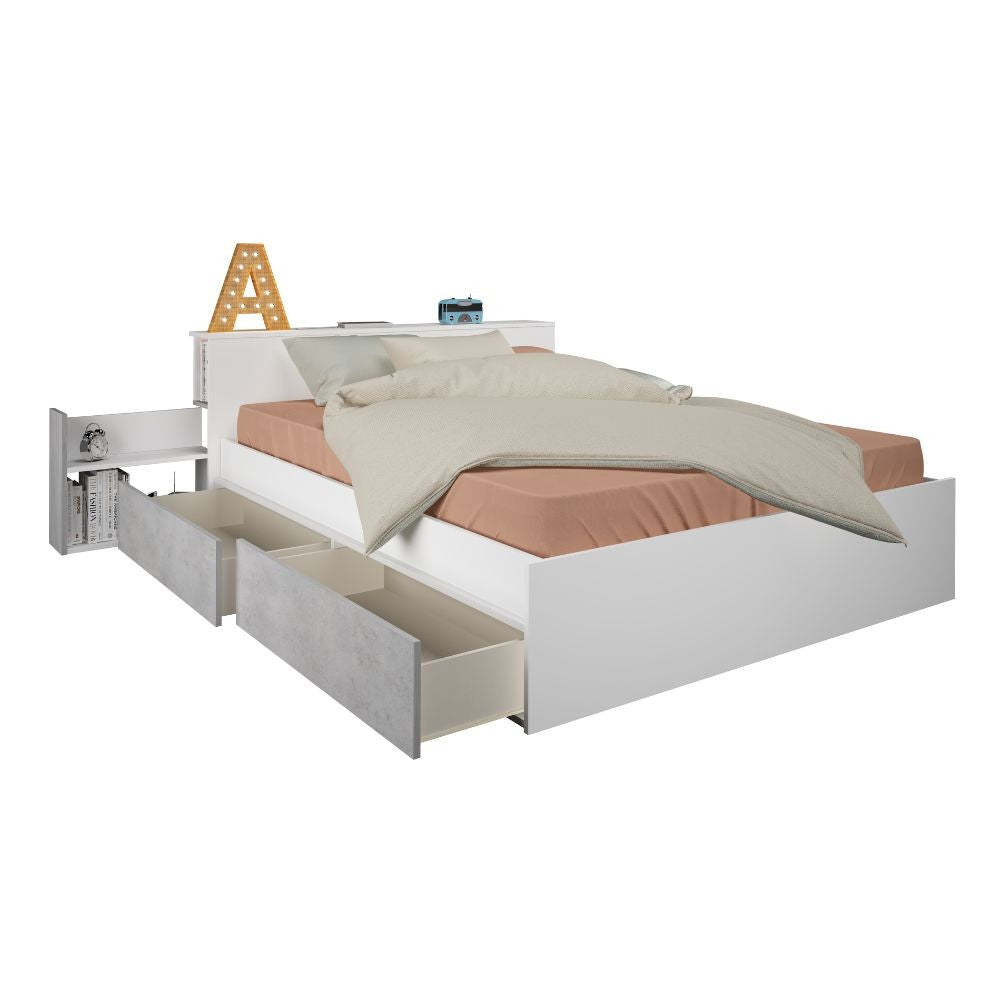 Letto contenitore 1566 alla francese con 4 cassettoni e comodini estraibili colore bianco e cemento