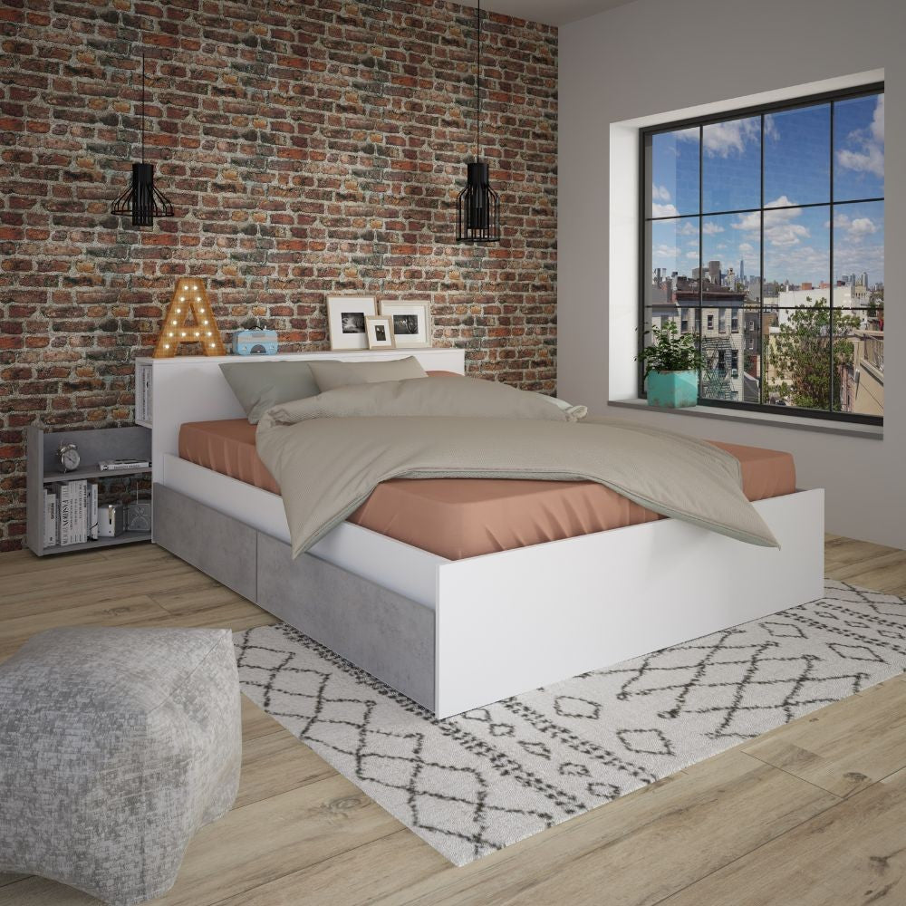 Letto contenitore 1566 alla francese con 4 cassettoni e comodini estraibili colore bianco e cemento