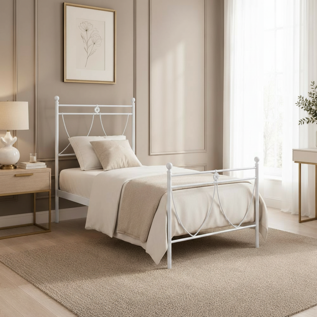 Letto in ferro singolo Melissa con decori floreali in bianco opaco