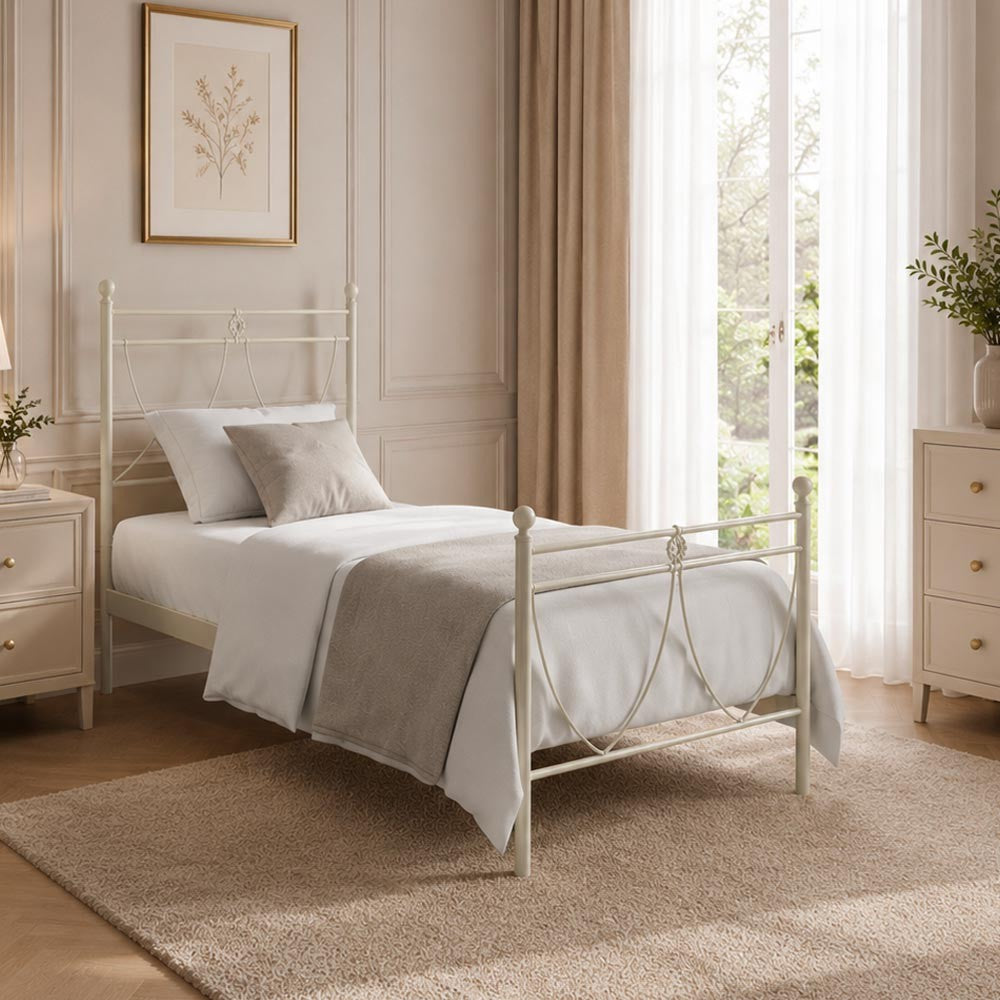 Letto in ferro singolo Melissa con decori floreali in bianco opaco