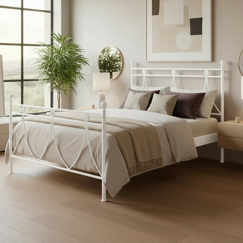 Letto in ferro una piazza e mezza Melissa con decori floreali in bianco opaco