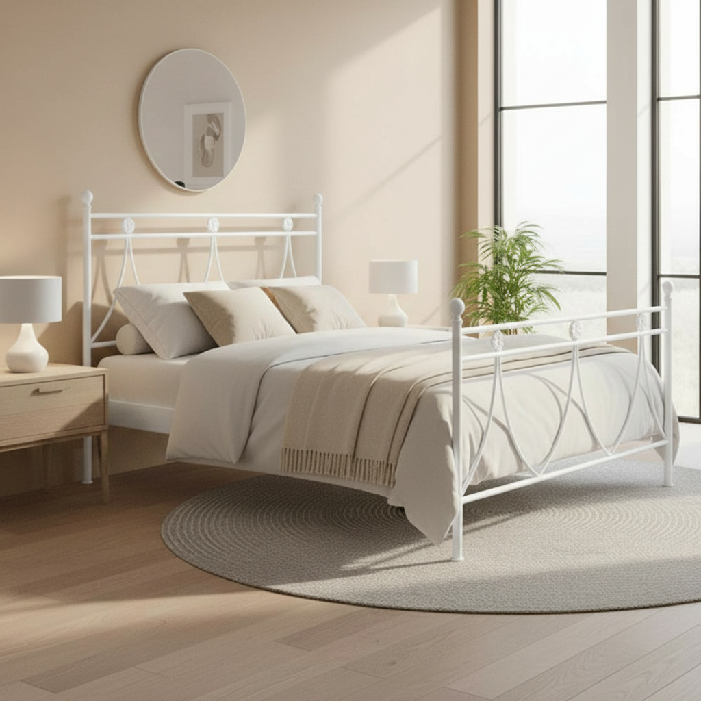 Letto in ferro una piazza e mezza Melissa con decori floreali in bianco opaco