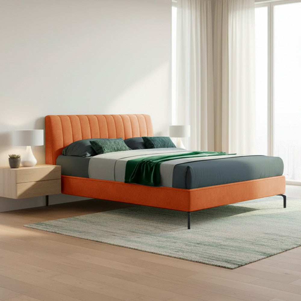 Letto matrimoniale Aki contenitore testiera cuciture verticali colore arancio