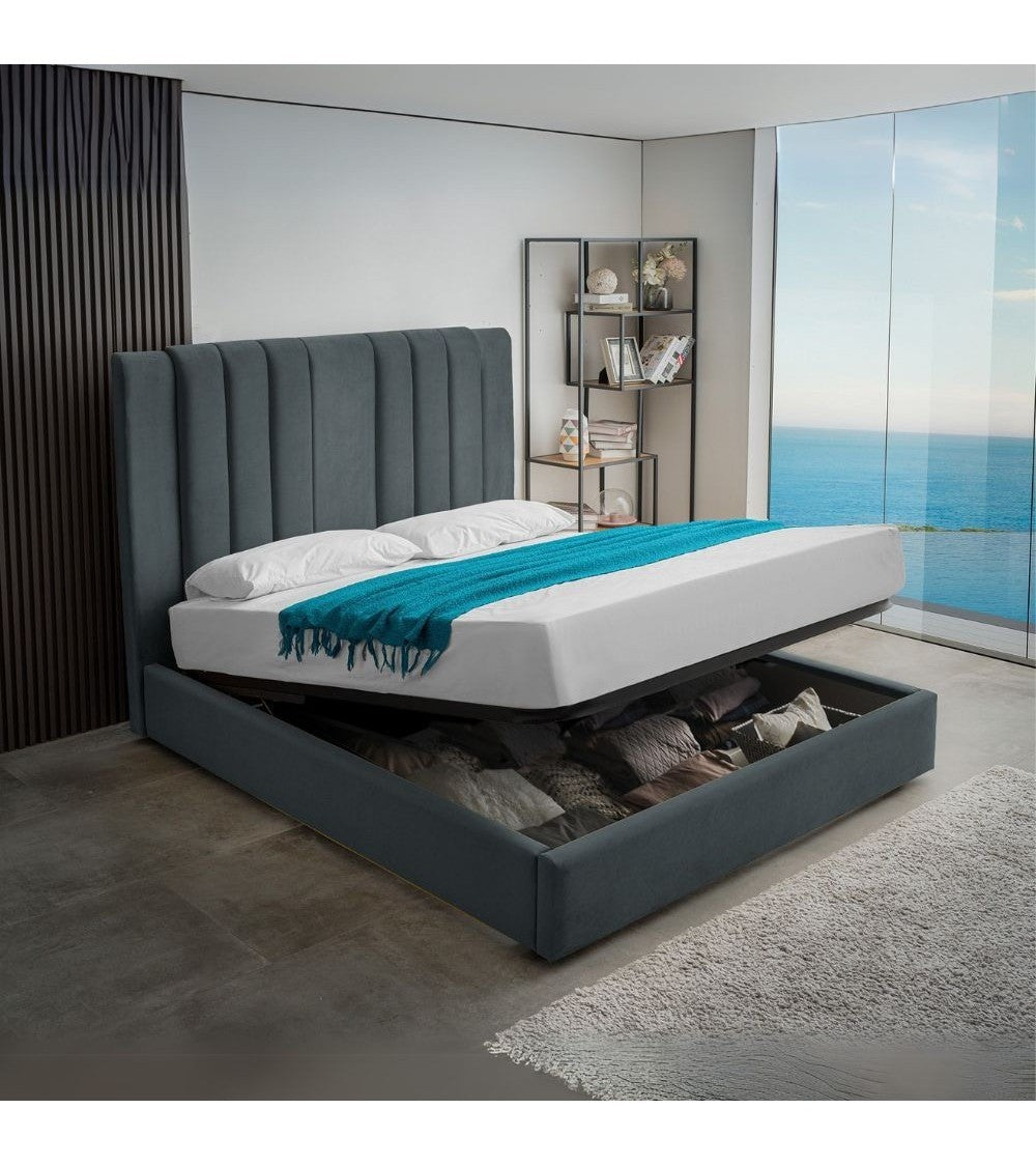 Letto matrimoniale Wilma imbottito con contenitore in tessuto Vogue 12 blu pacific