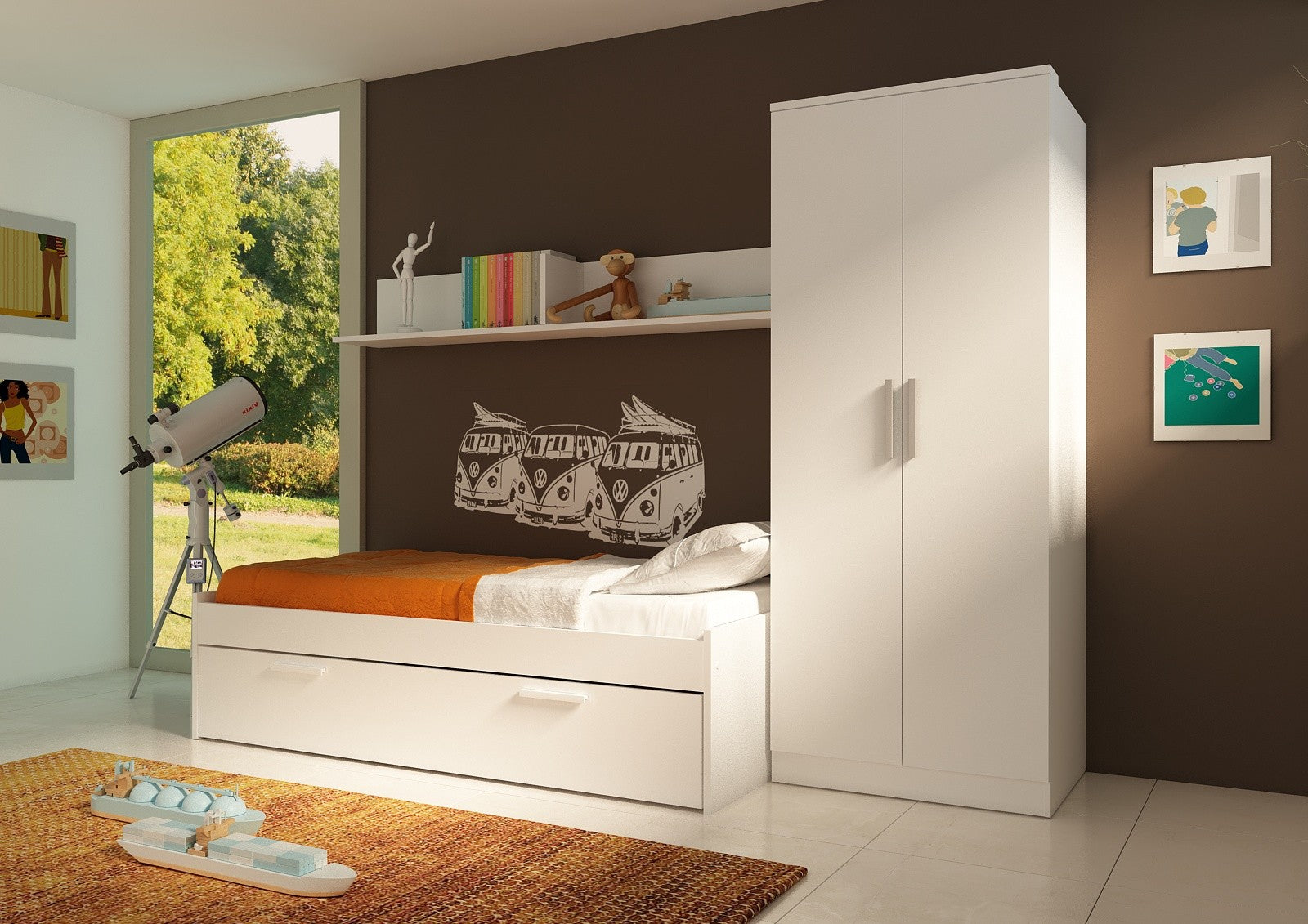 Letto singolo 1004 Blanco con cassettone estraibile