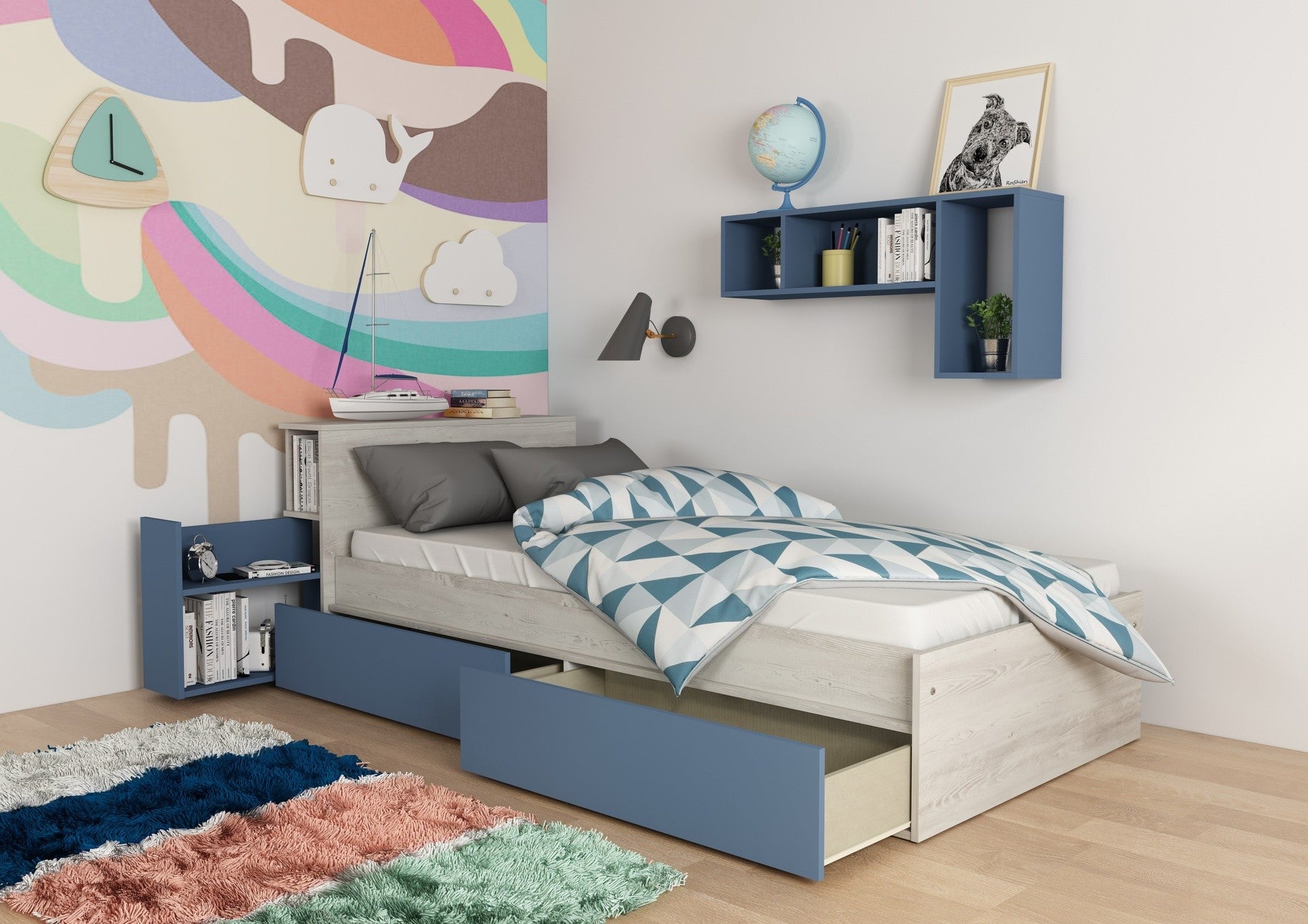 Letto singolo 1660 bianco celeste con comodino estraibile