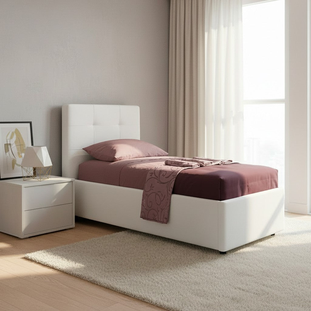 Letto singolo Ascoli contenitore in ecopelle bianco