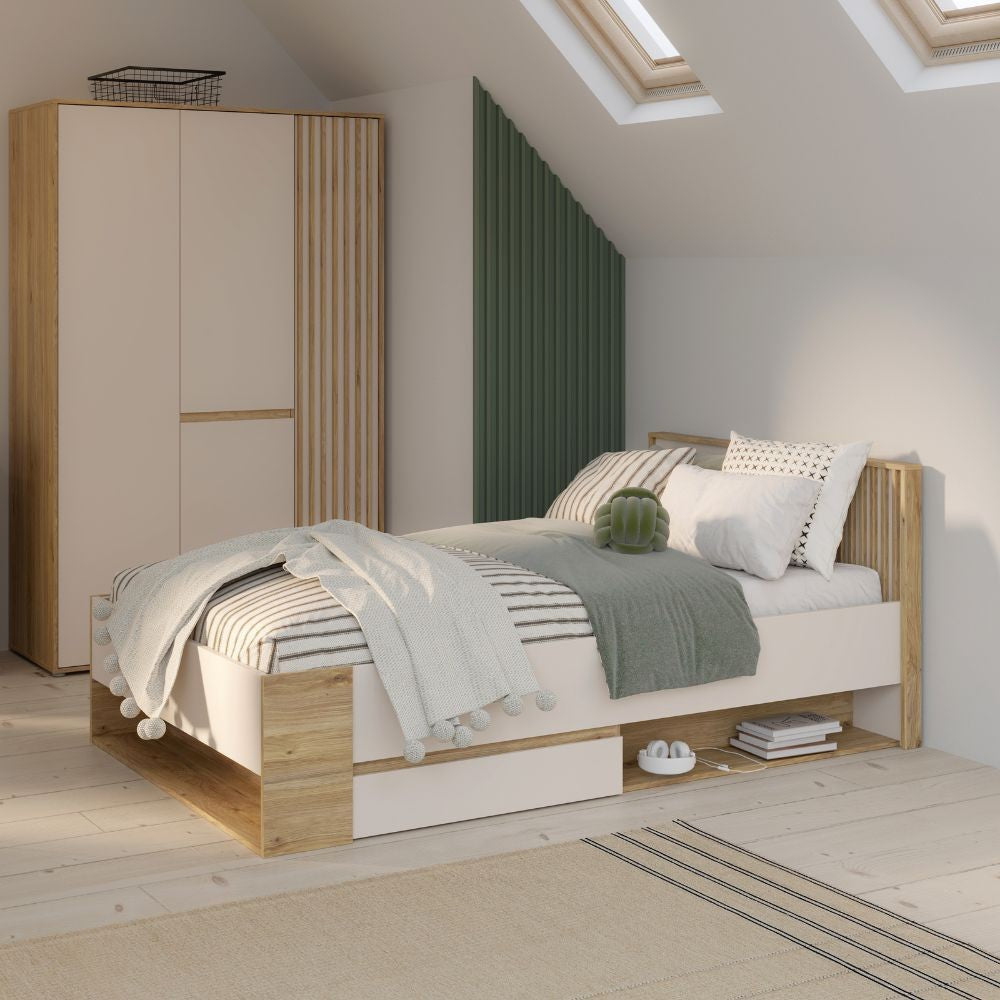 Letto una piazza e mezza Neutra 120x200 cm. con cassetto e 2 vani a giorno colore rovere e cashmere