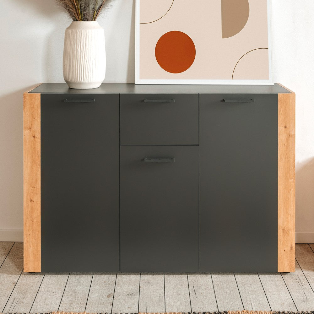 Madia Cento 01B con 3 ante e 1 cassetto colore antracite e laterali legno rovere artisan