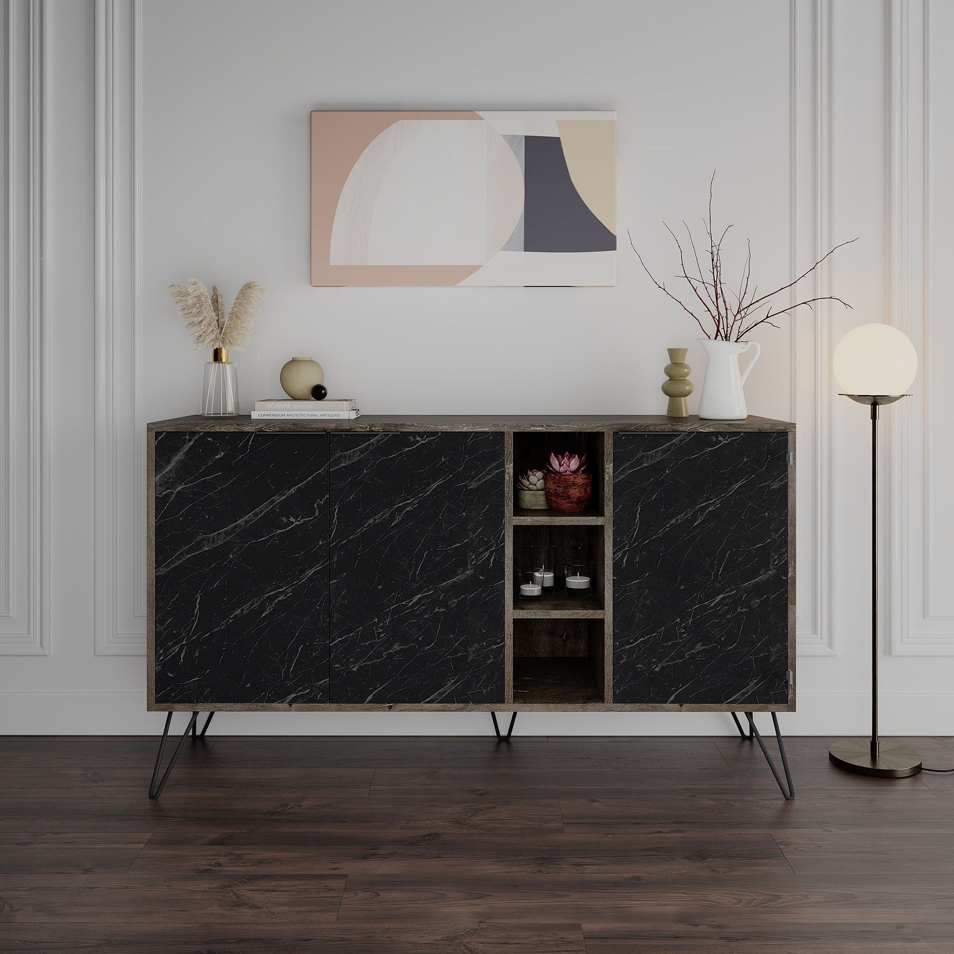 Madia Clara Bendir dark coffe 3 ante effetto marmo nero 142x35,6x83h
